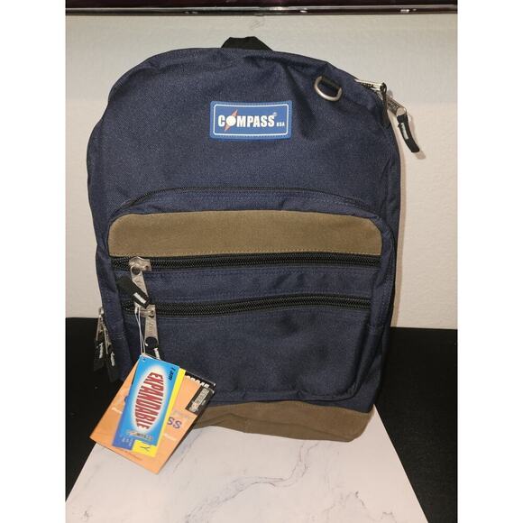 NWT! Compass USA expandable backpack in navy blue and brown 18x12x9 main image 6